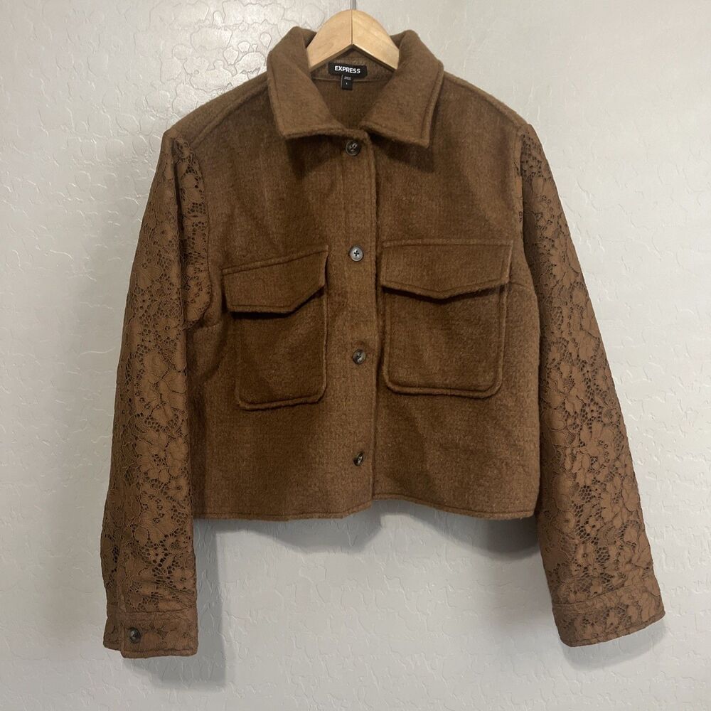 Express Women's Brown and Tan Jacket Size Large Lace On Arms